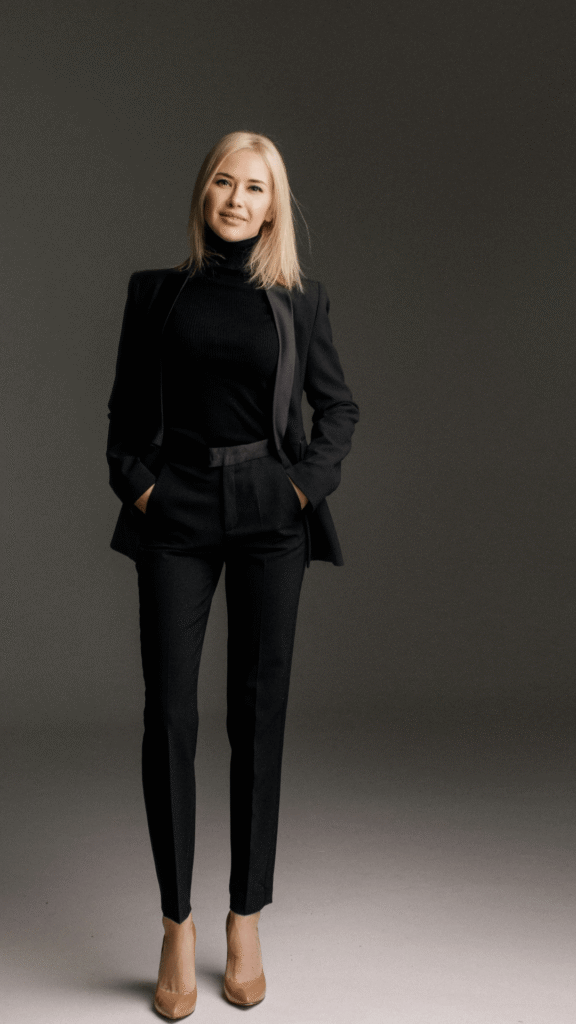 A blonde woman posing against a studio backdrop in a chic all-black outfit, wearing a black turtleneck top layered under a tailored black blazer with matching trousers and nude pointed-toe heels.