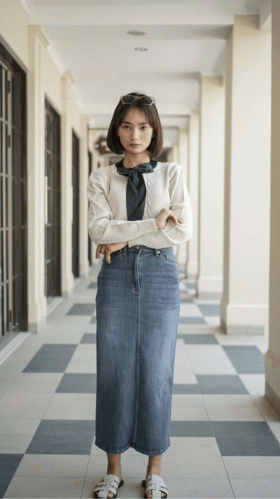 A stylish woman with a short bob haircut wearing sunglasses on her head, posing in a high-waisted medium-wash denim midi skirt paired with a cream long-sleeve sweater adorned with a black bow collar, styled with white open-toe woven sandals